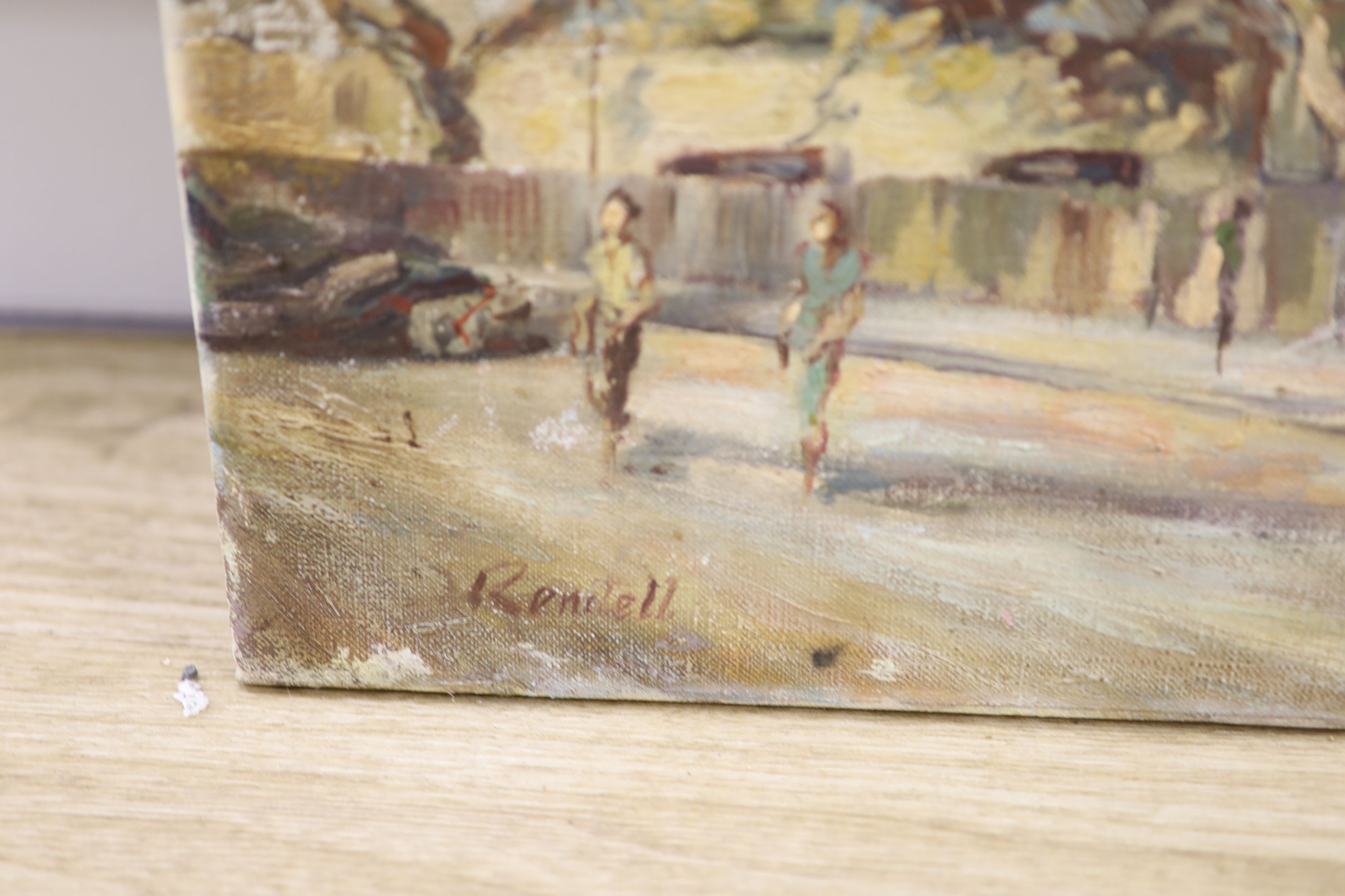 J. Rendell, oil on canvas, 'Behind Meikles Hotel, Manica Road, Rhodesia', signed and inscribed verso, 51 x 61cm, unframed